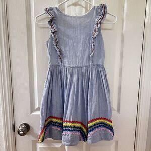 Mini Boden Blue Chambray Striped Rainbow Ric Rac Ruffle Dress Girls Size 9-10